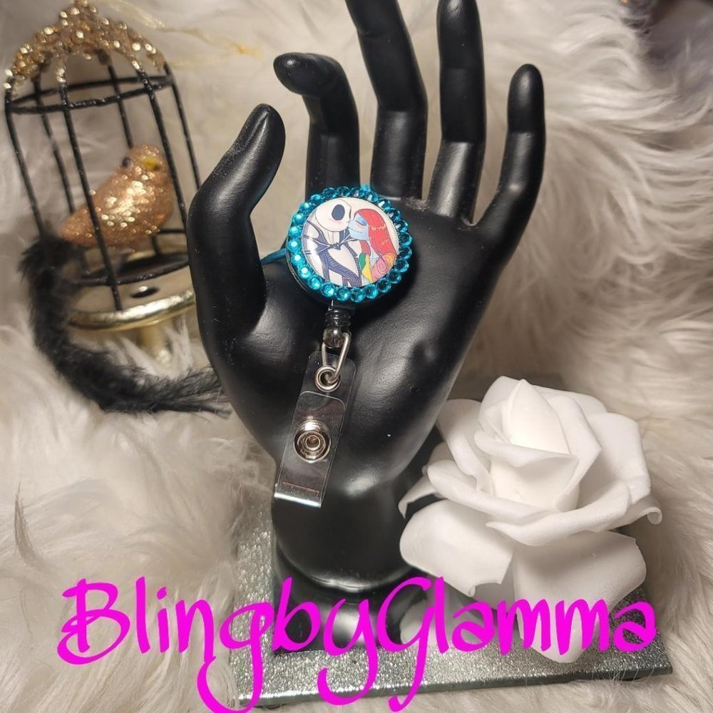 Glam Bling Rhinestone Beautiful Jack & Sally Retractable Badge Lanyard #2